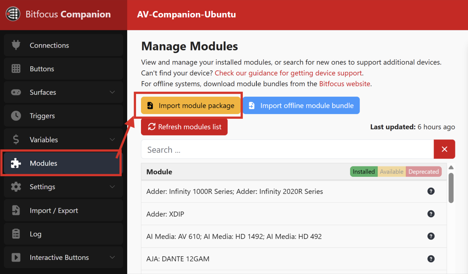 Companion Manage Modules view — Modules tab highlighted in the sidebar and Import module package button at the top