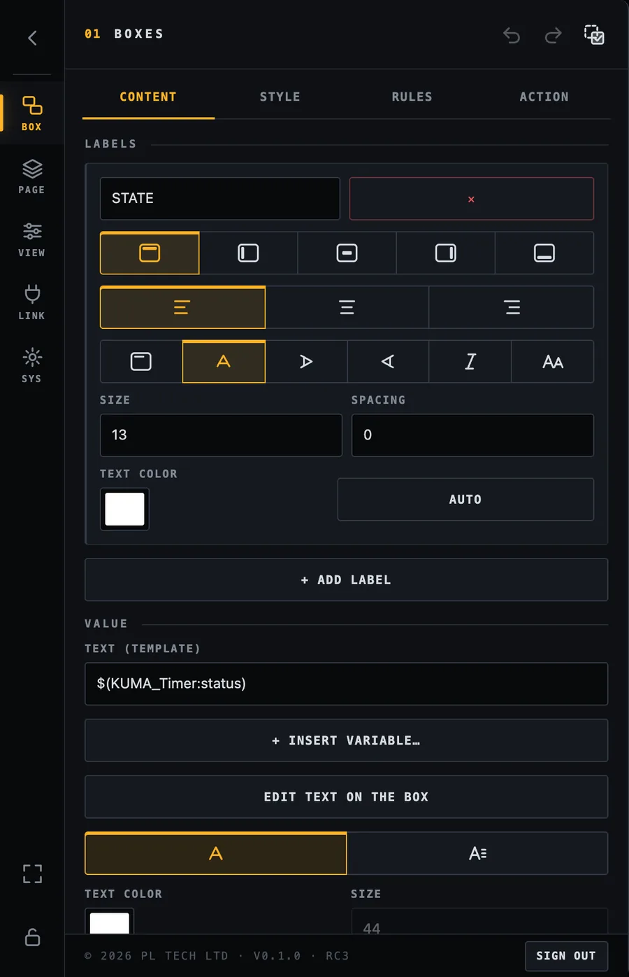 Content tab: labels first (here the label &ldquo;STATE&rdquo; on top of the box).