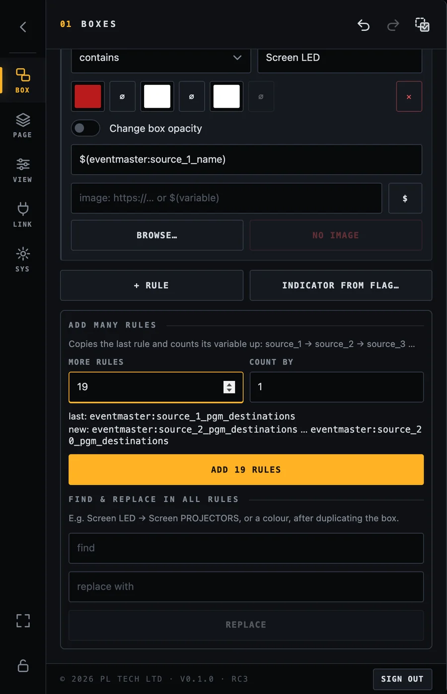 Add many rules: 19 more rules, count by 1, with a preview of the first and last new variable.