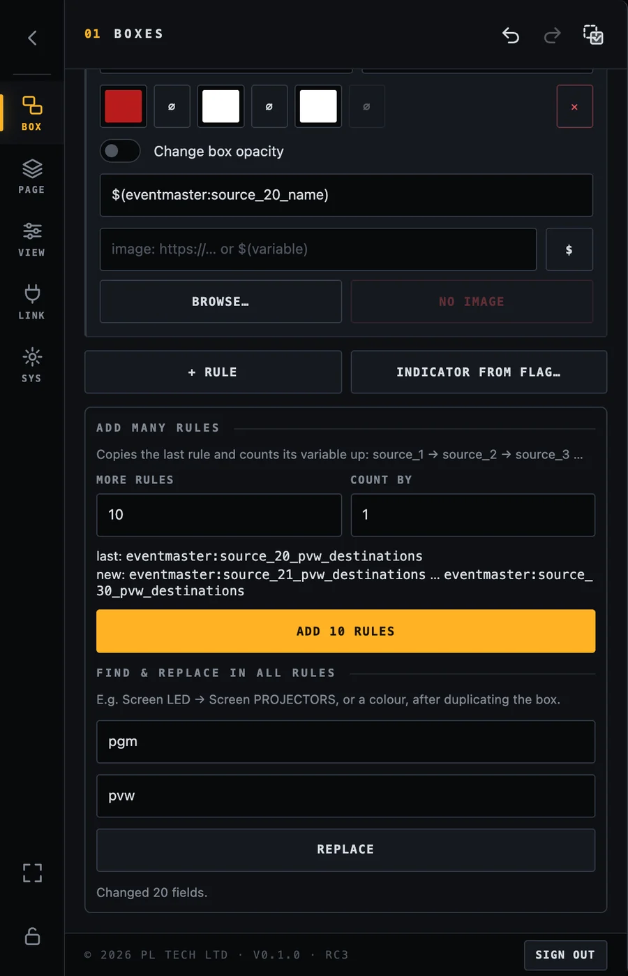 Find and replace in all rules: pgm replaced by pvw, with the message Changed 20 fields.
