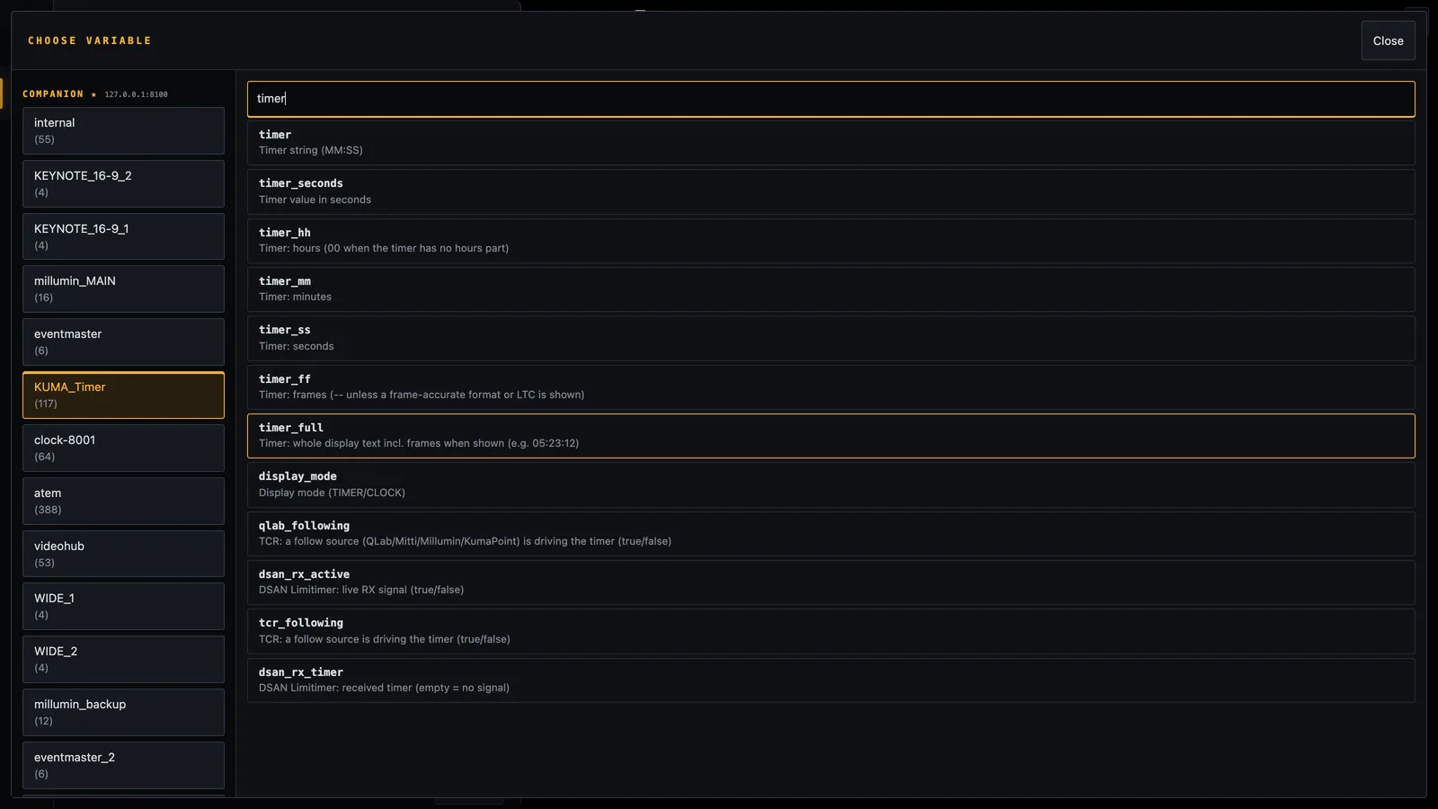 The variable picker. Left: modules. Right: searchable variables with descriptions. Tap one to insert it.