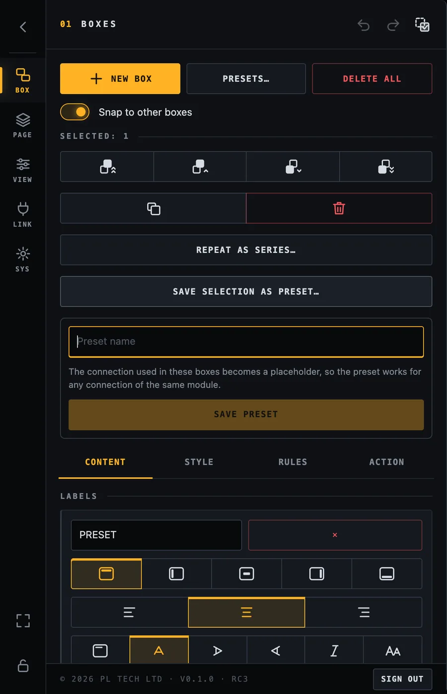 Saving the selection as a preset.