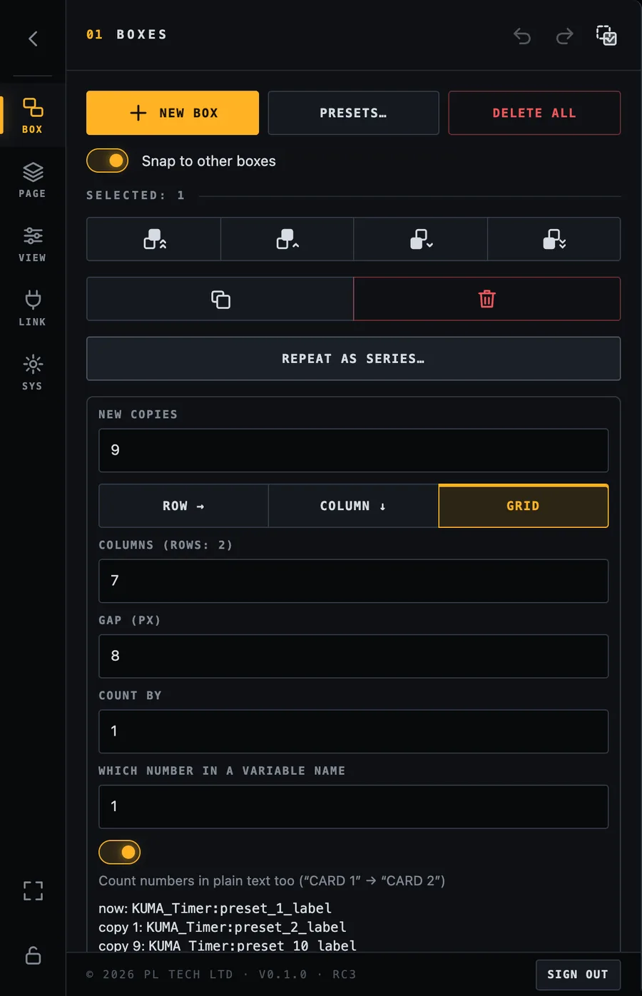 Repeat as series: copies, layout, gap and a preview of the variable counting up.