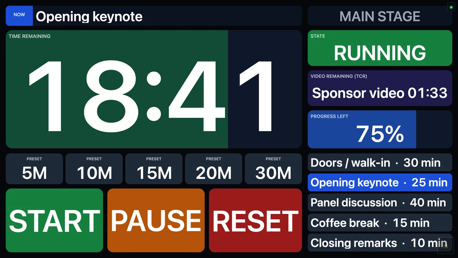 The finished example from this guide: one screen for a stage manager. Timer with progress bar, state, video time remaining, presets, big START / PAUSE / RESET buttons and the cue list.