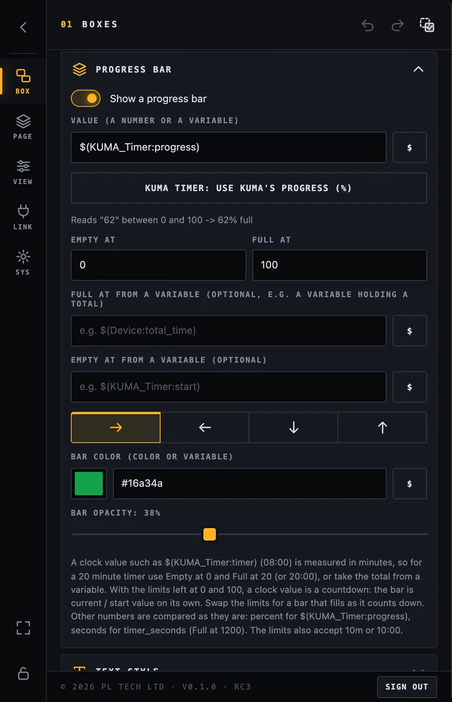 Progress bar: value, quick button for the KUMA timer, empty / full limits, direction and colour.