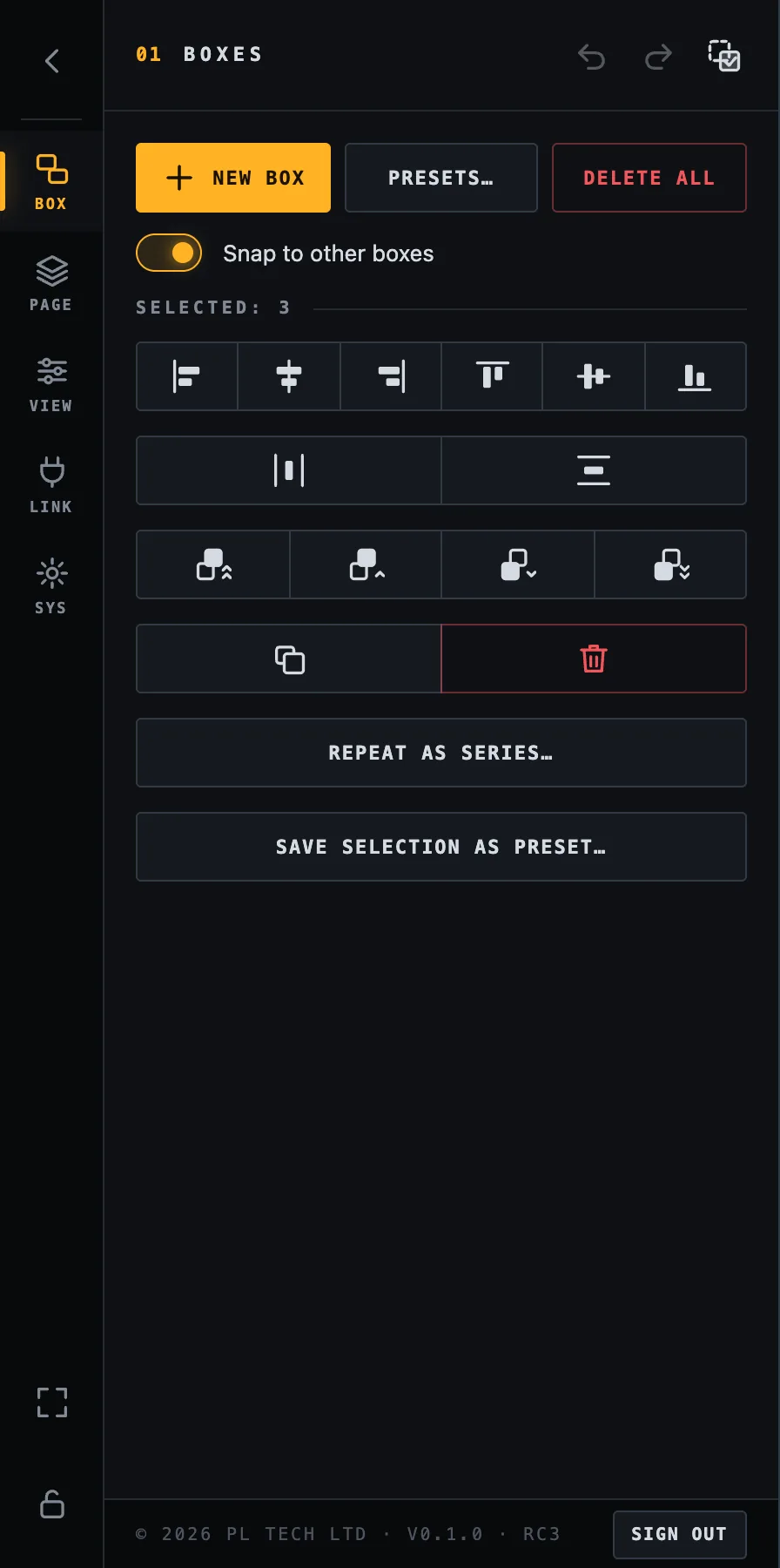 Selection tools: align left / centre / right / top / middle / bottom, distribute (three or more boxes), bring to front / back, duplicate, delete.
