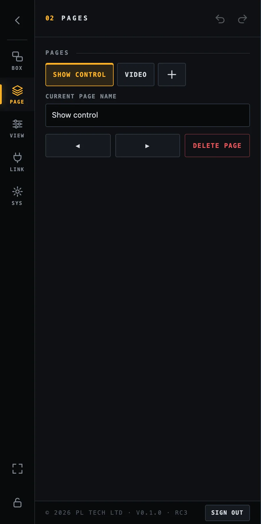 PAGE: your pages, the name of the current one, reorder and delete.