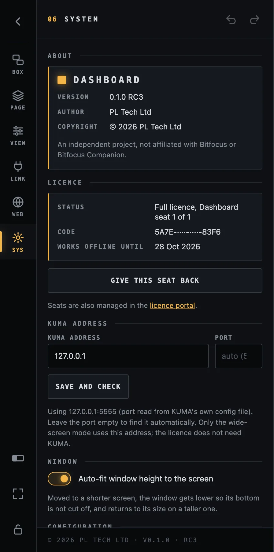 SYS: about, licence status, give the seat back, KUMA address.