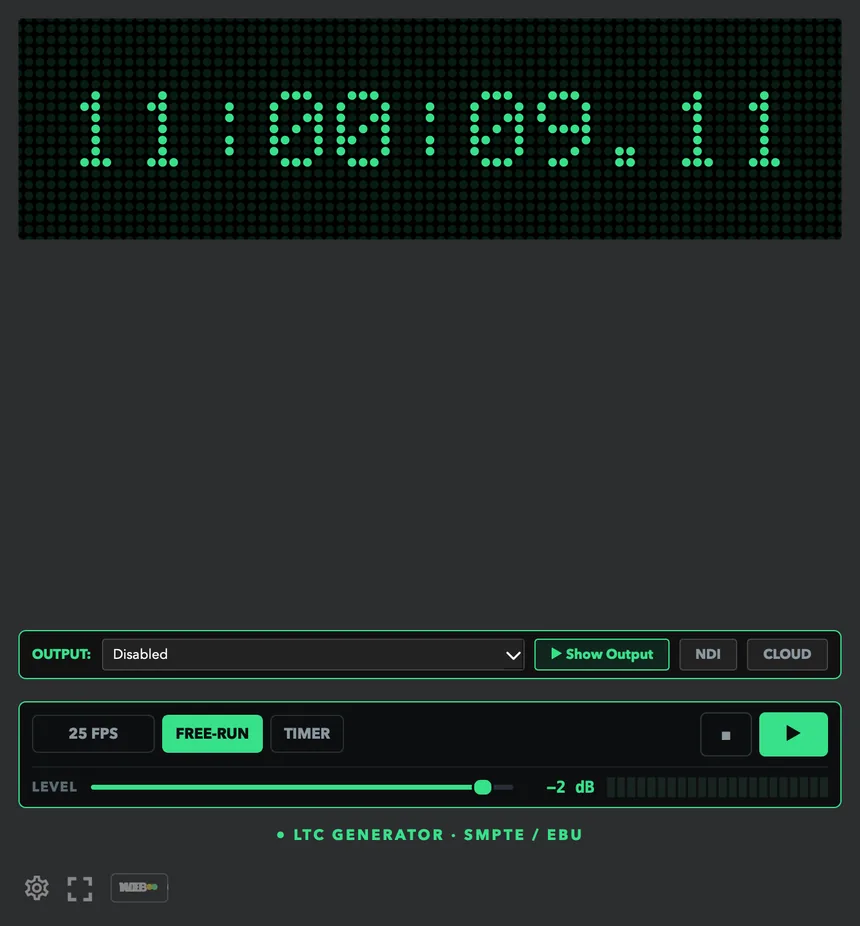 The LTC generator front. Click the frame-rate button (25 FPS) to change it, pick FREE-RUN (follows the system clock) or TIMER (follows your countdown), use stop and play, and watch the level meter.
