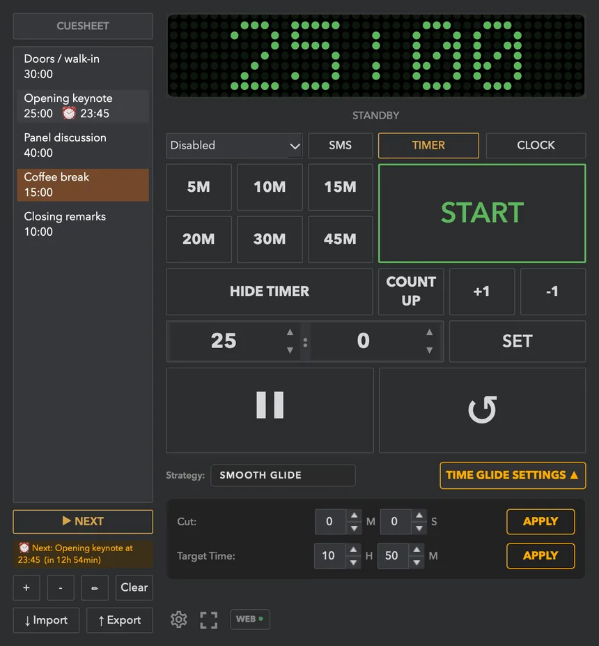 The control window in standby (25:00 loaded). Left: the cuesheet. Right: monitor, mode buttons, presets, transport and time entry.