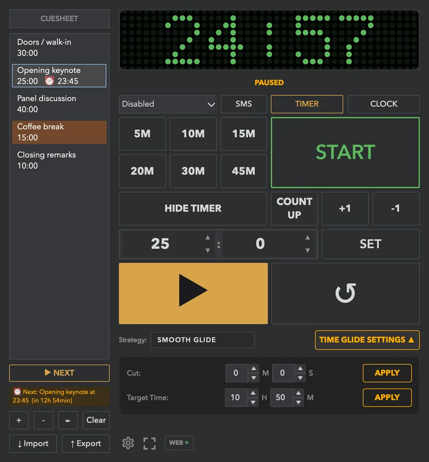Paused: the pause button becomes an orange play button; the status shows PAUSED.