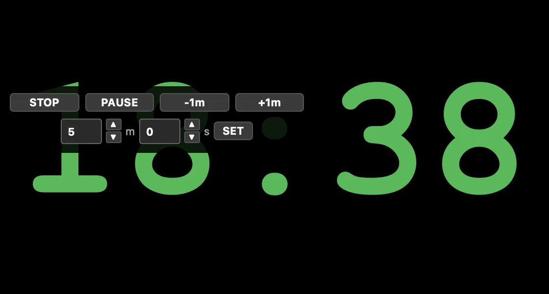 The Presenter View window. Hover it to reveal STOP / PAUSE / &minus;1m / +1m and a quick time entry.