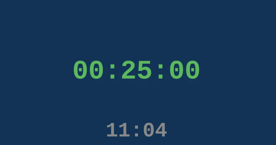 A real Raspberry Pi kiosk screen: the timer fills the display (this one has a custom background colour, HH:MM:SS format and the wall-clock under the timer).