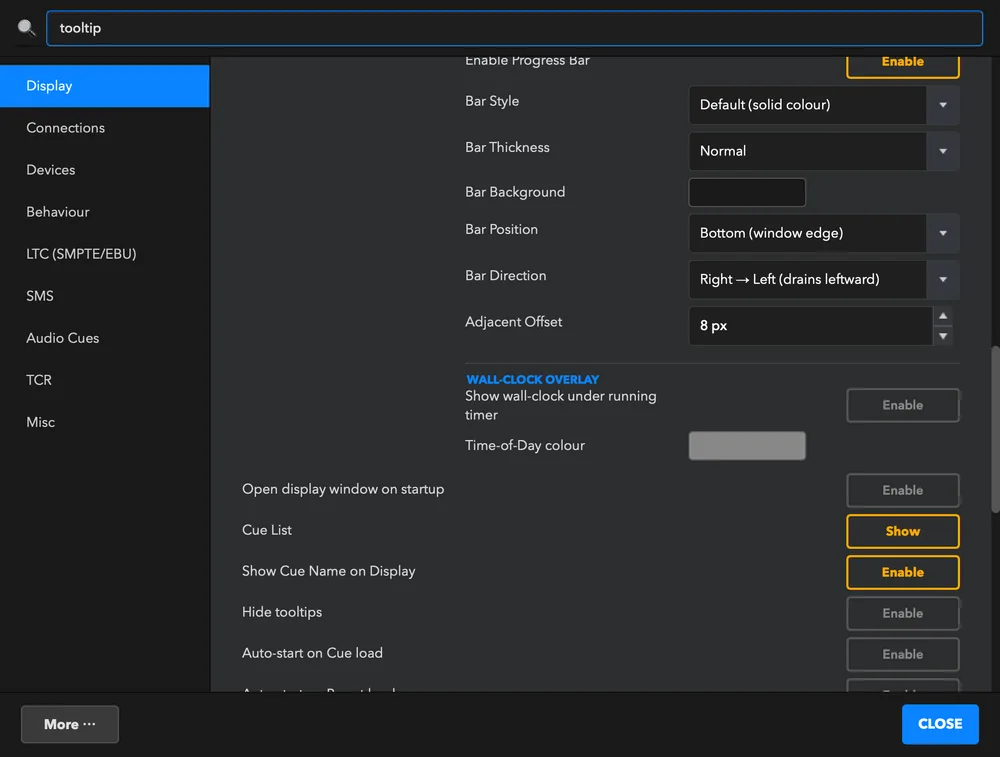 Searching for &ldquo;tooltip&rdquo; jumps to Display and highlights the matching settings.