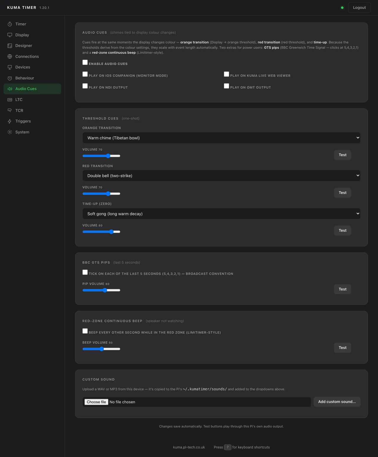 Admin &rarr; Audio Cues.