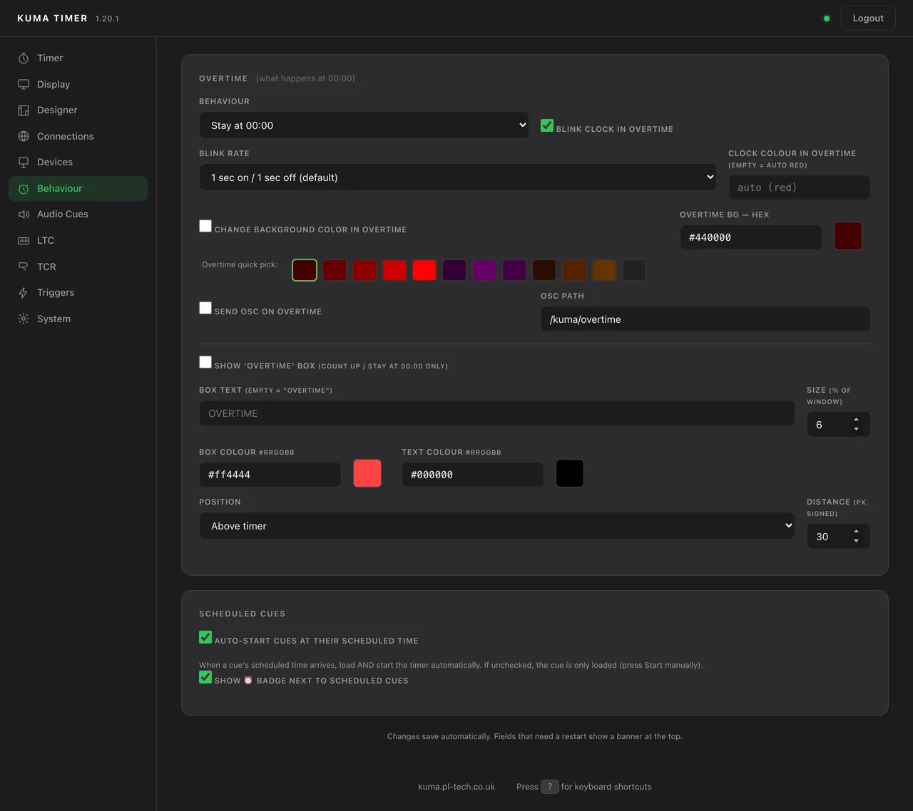Admin &rarr; Behaviour: overtime and scheduled cues.