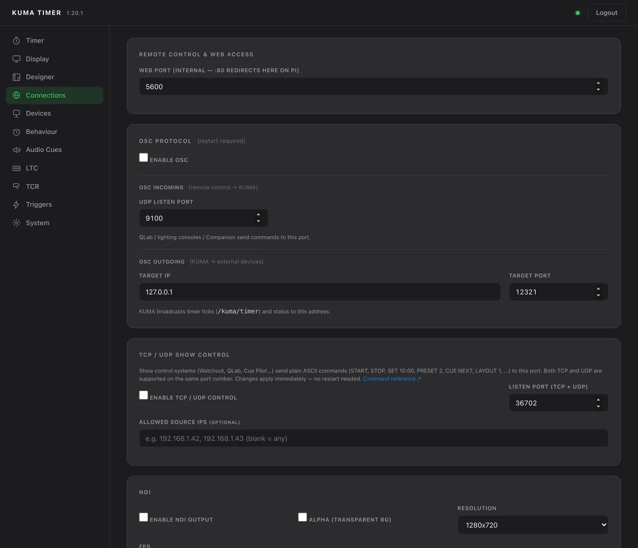 Admin &rarr; Connections: web port, OSC, TCP / UDP.