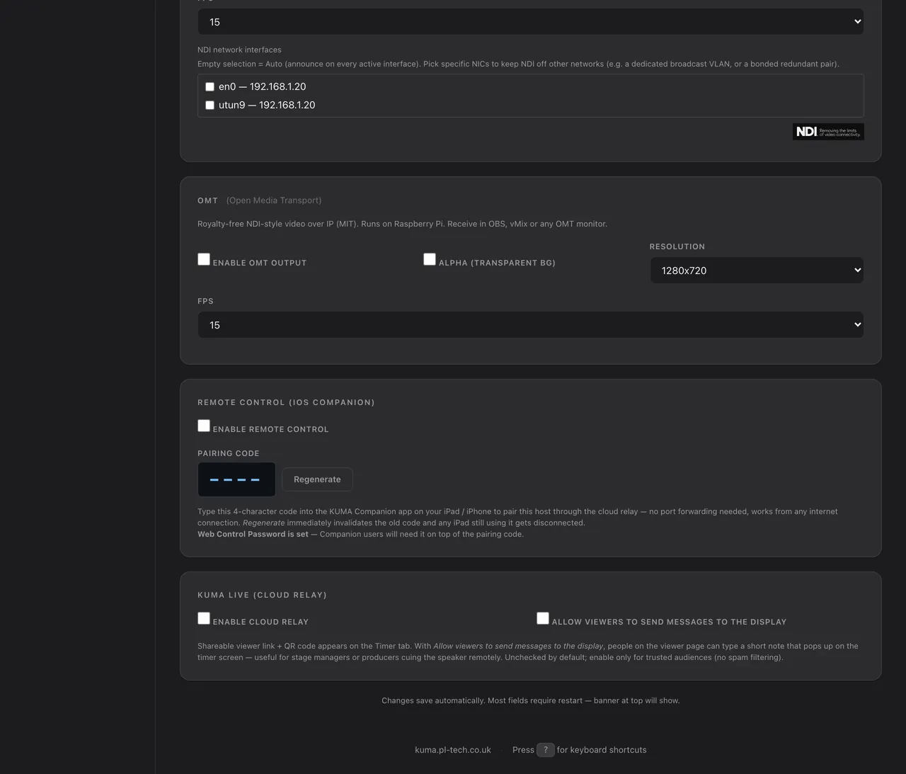 Admin &rarr; Connections: NDI and OMT outputs.