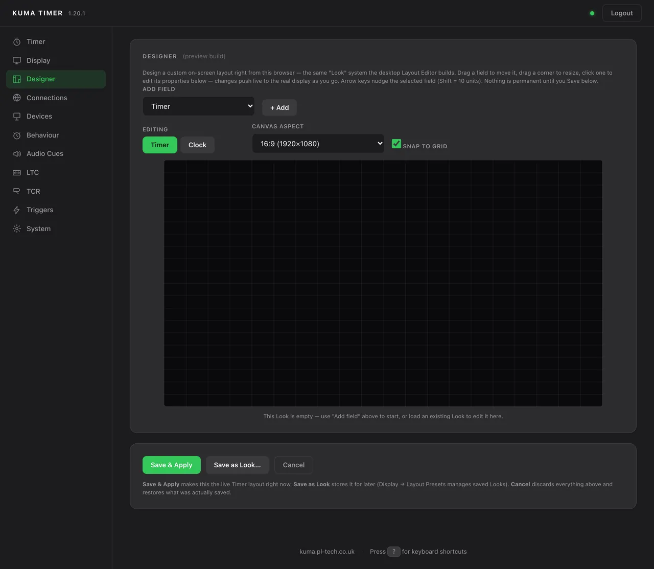 Admin &rarr; Designer: the Layout Editor in the browser, with Save & Apply, Save as Look and Cancel.