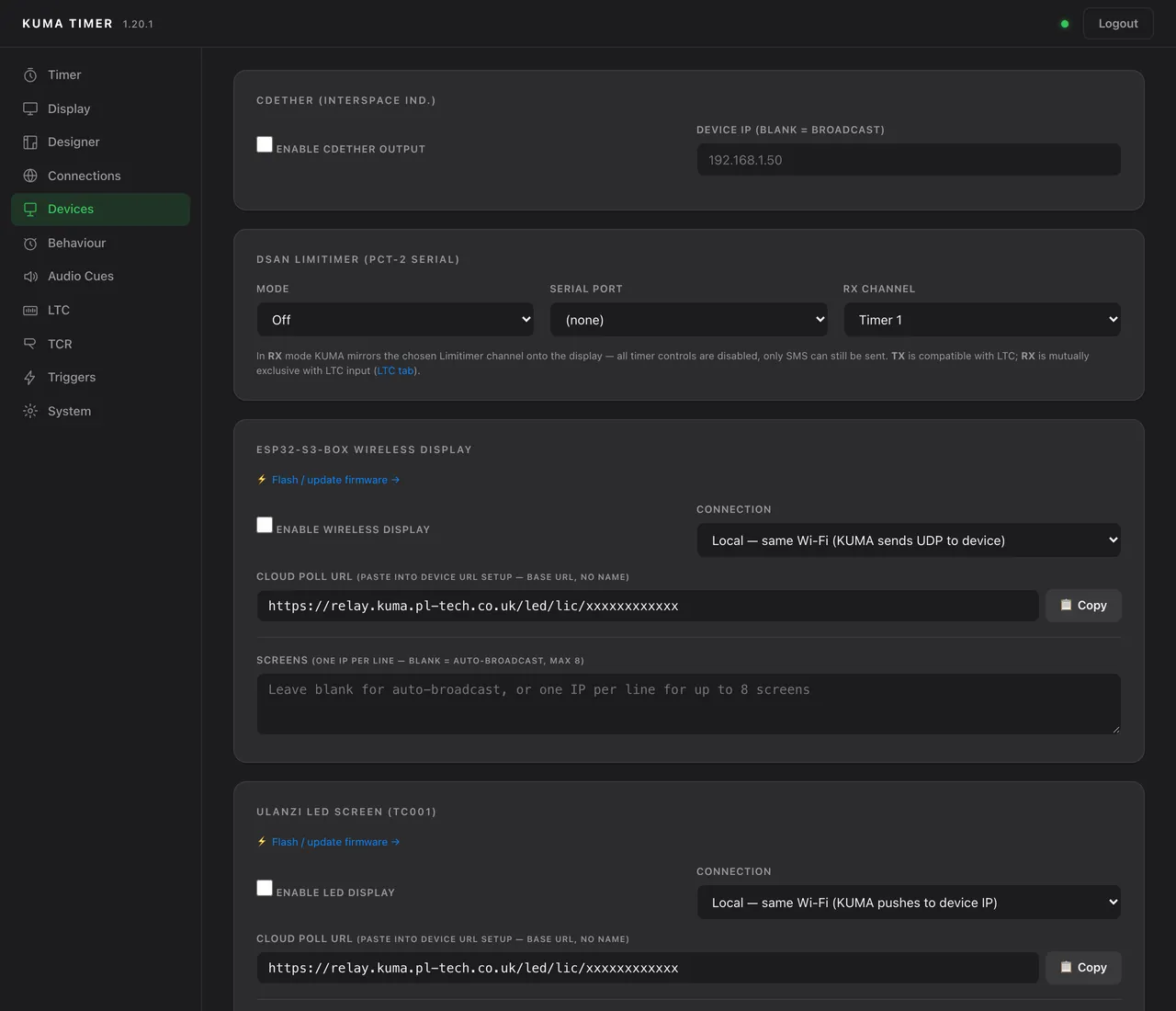 Admin &rarr; Devices: CDEther, Limitimer, ESP32 and Ulanzi.