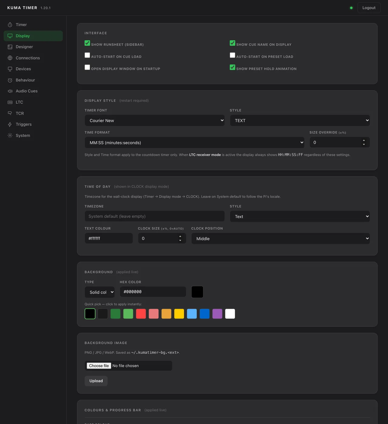 Admin &rarr; Display: interface switches, timer font and style, time of day, background.