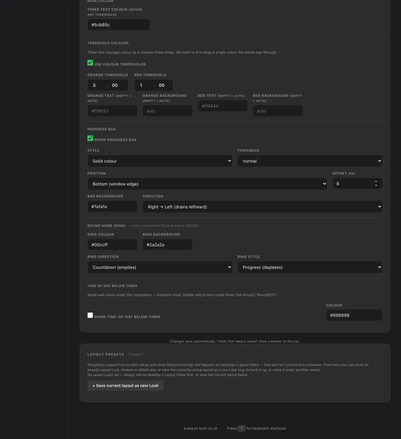Admin &rarr; Display: colours and progress bar, layout presets.