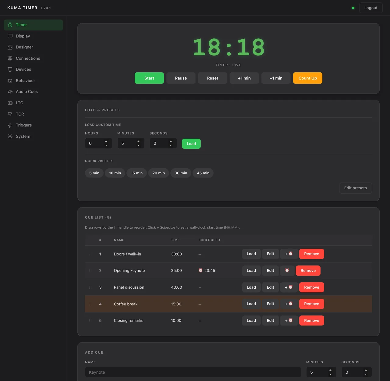 Admin &rarr; Timer: the big read-out with Start, Pause, Reset, &plusmn;1 min and Count Up, custom time and quick presets.