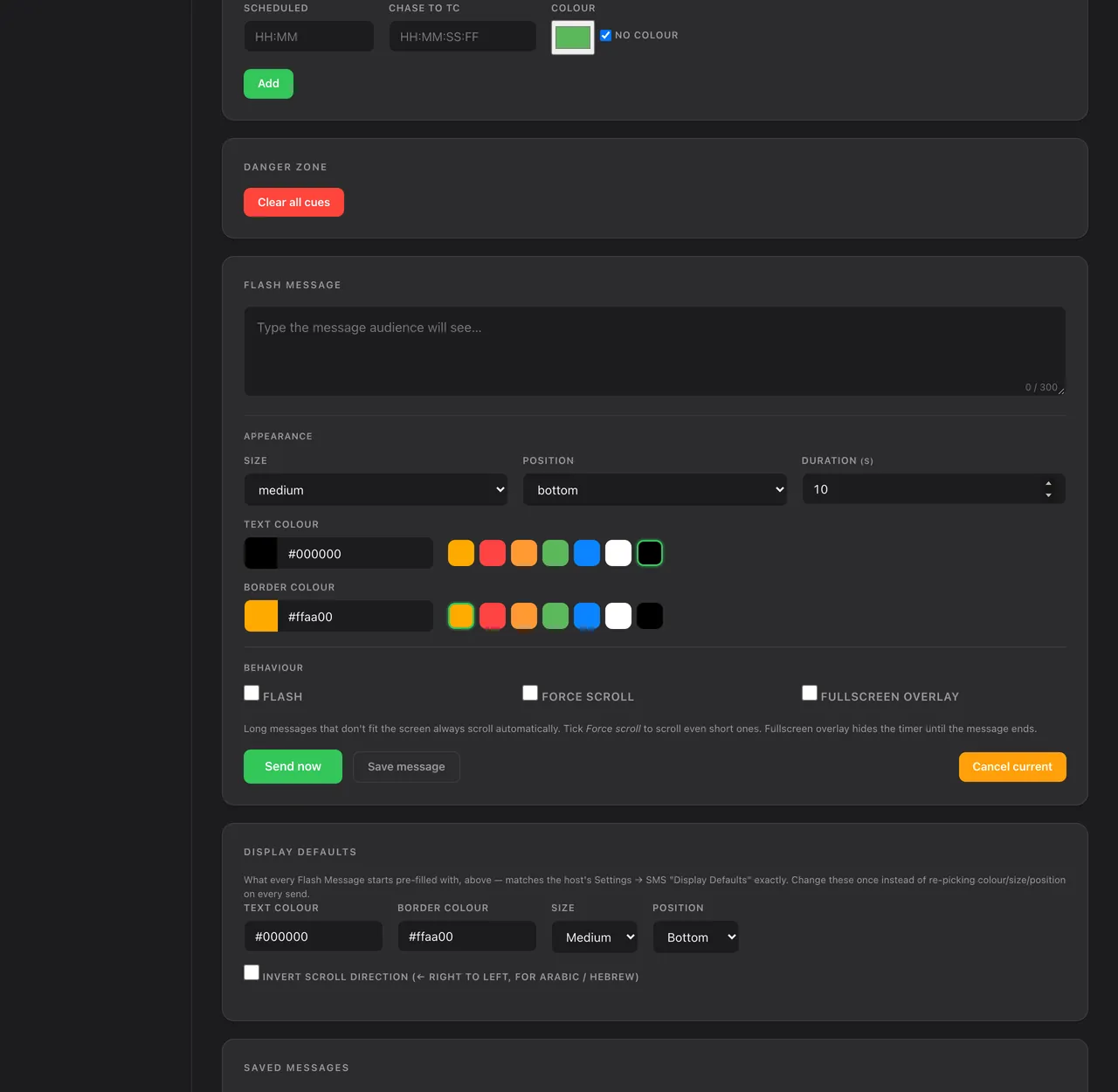 Admin &rarr; Timer, further down: the cue list with load, edit, schedule and remove, adding a cue, and clearing all cues.