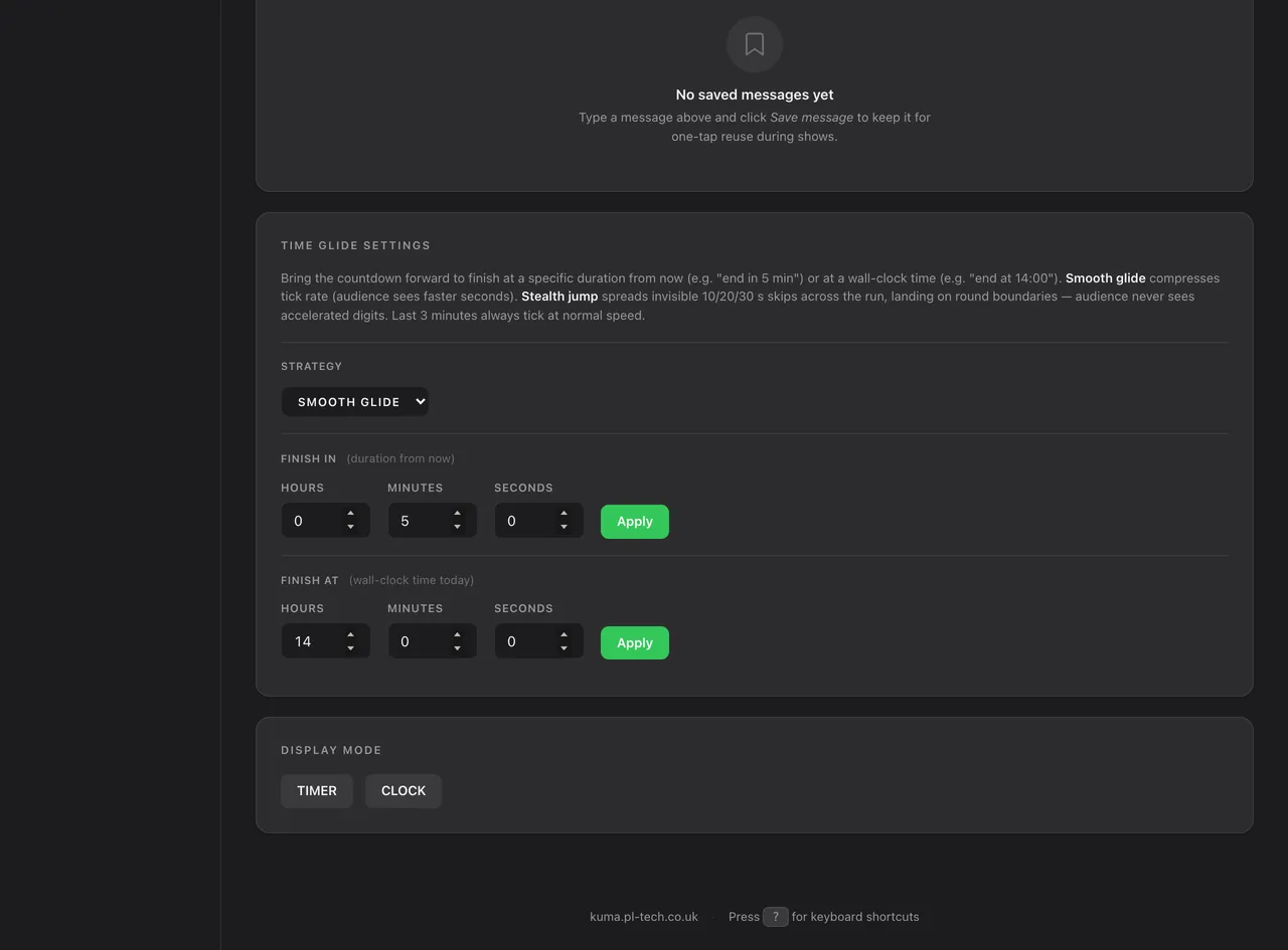 Admin &rarr; Timer: send a message to the screen, saved messages and Time Glide / Jump.