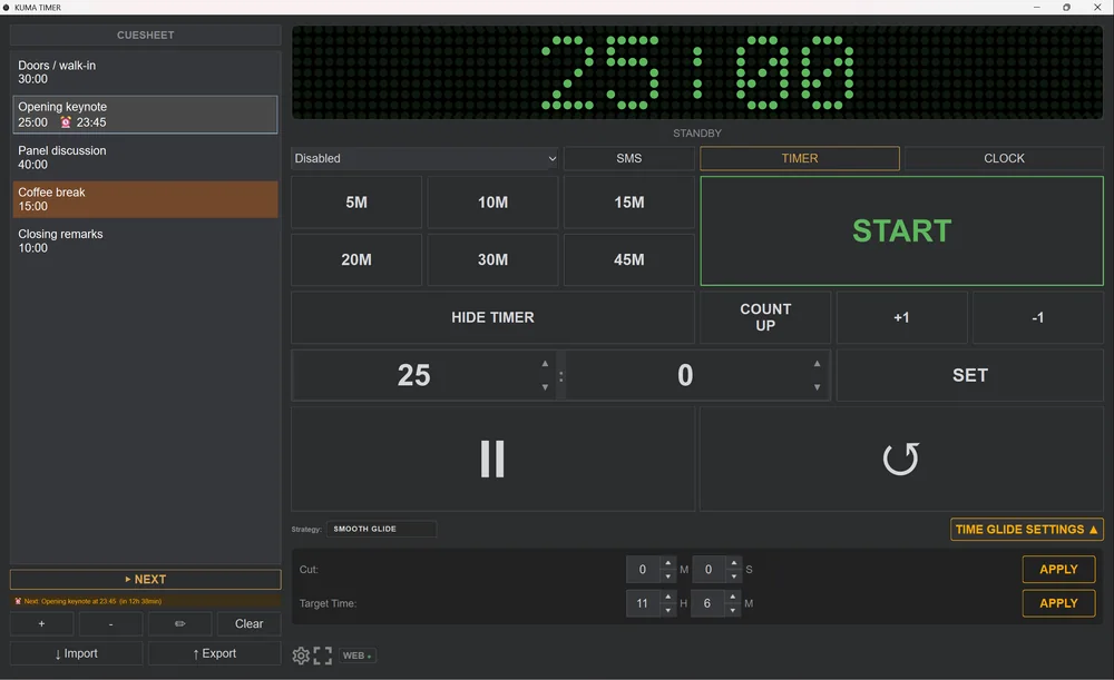The control window on Windows 11 (shown at high display scaling). Same buttons, same layout; the title bar is the normal Windows one.