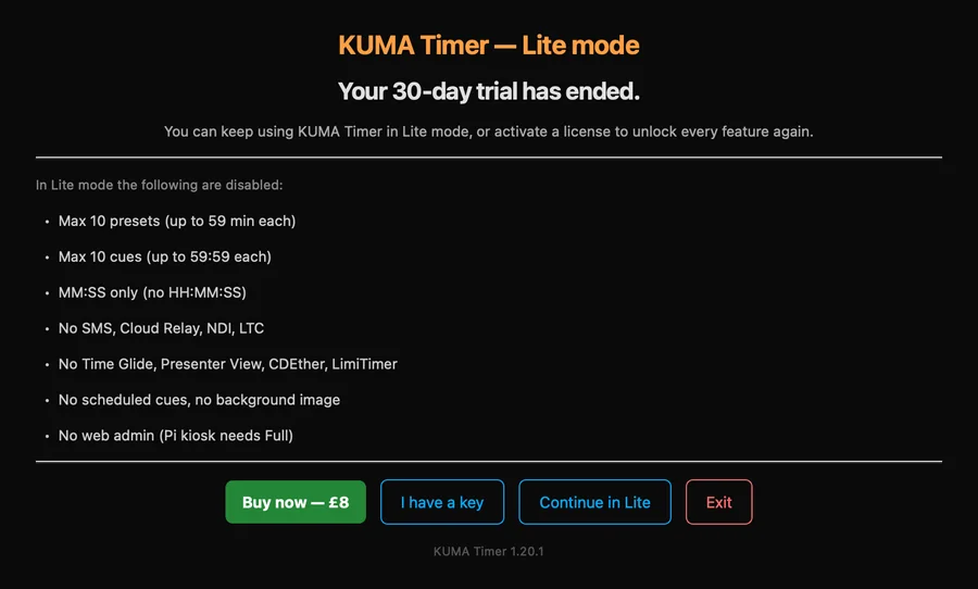 After the trial ends the dialog lists exactly what Lite mode leaves out. Press &ldquo;I have a key&rdquo; to activate.