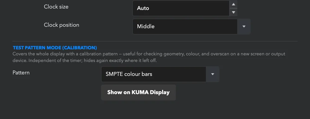 Display, part 3: time of day, the interface options (display window on start-up, runsheet, cue name, tooltips, auto-start, preset animation, LED monitor), Presenter View and the test pattern.