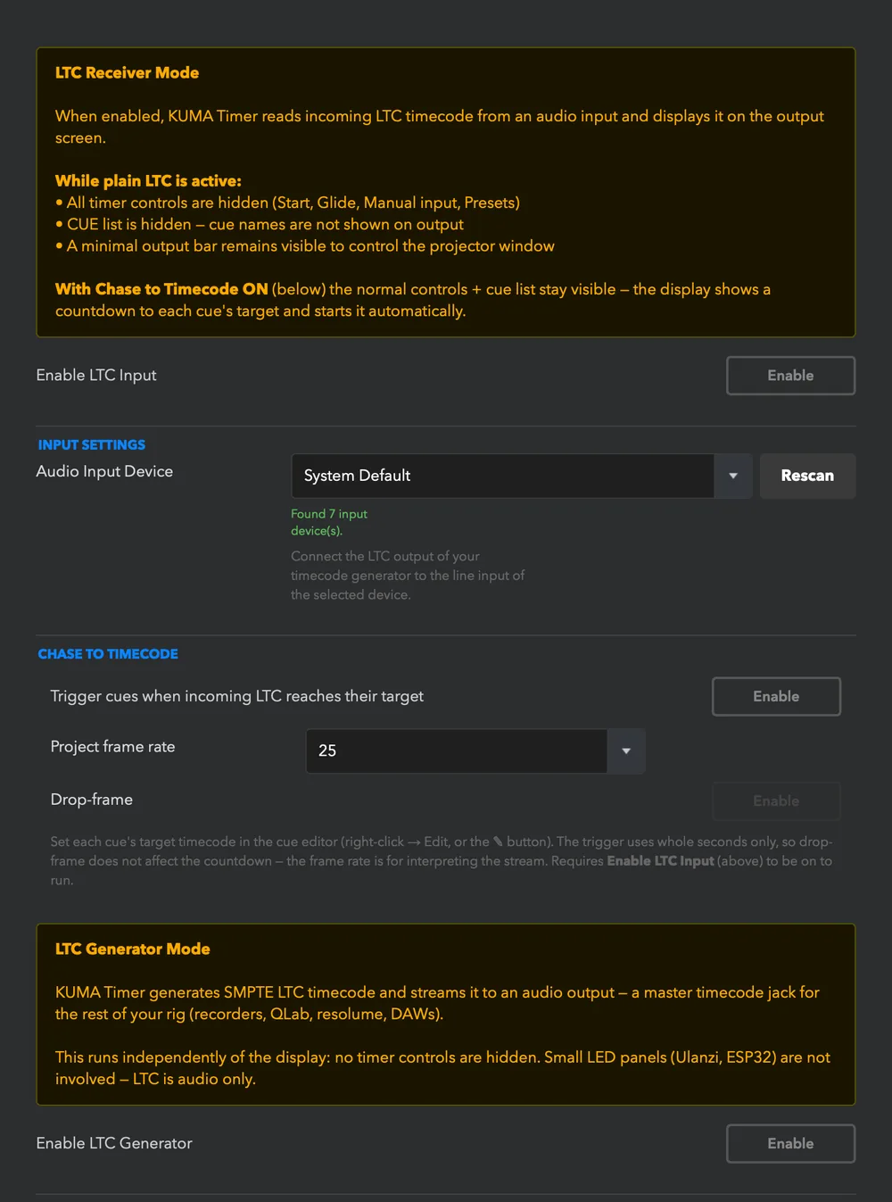 Settings &rarr; LTC: enable input, choose the audio device, chase to timecode with the project frame rate and drop-frame.