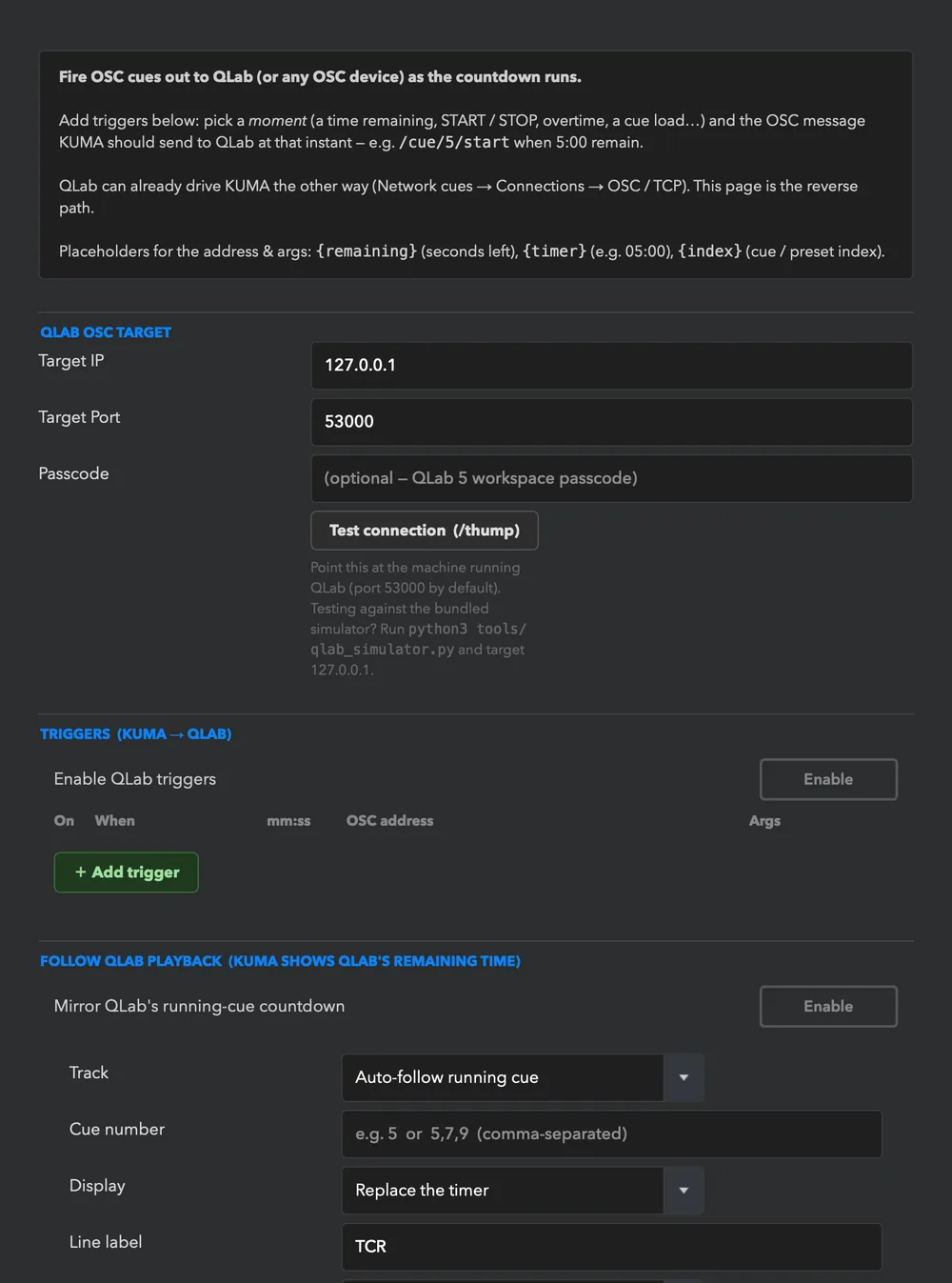 TCR &rarr; PowerPoint: display, label, colours, and the listen port for the add-in.