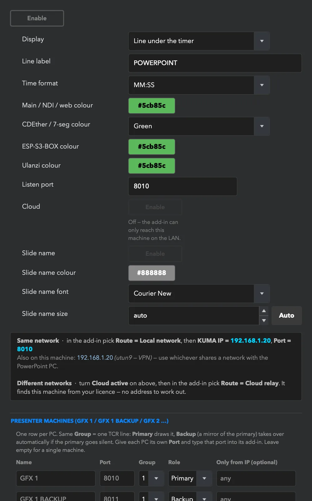 TCR &rarr; QLab: follow the running cue, line or replace mode, label, colours.