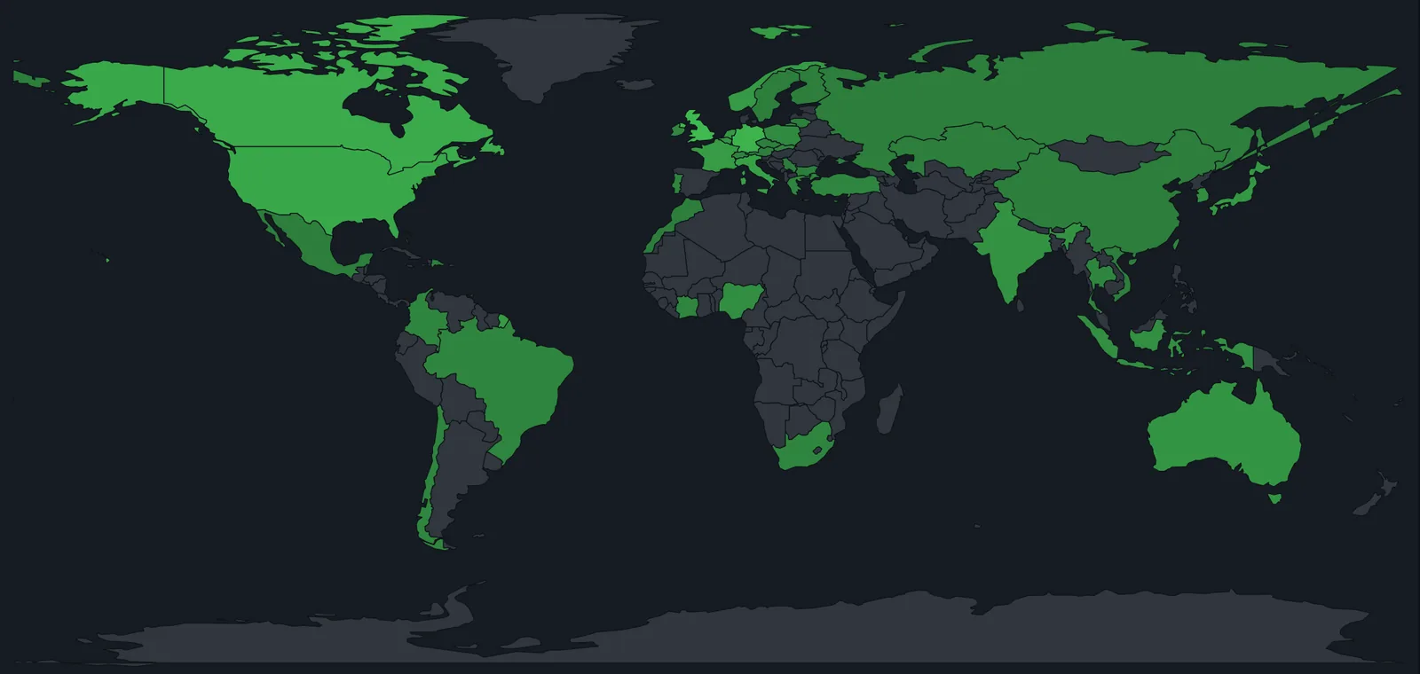 World map with the countries where KUMA Timer is installed shaded in green, brighter green meaning more installations