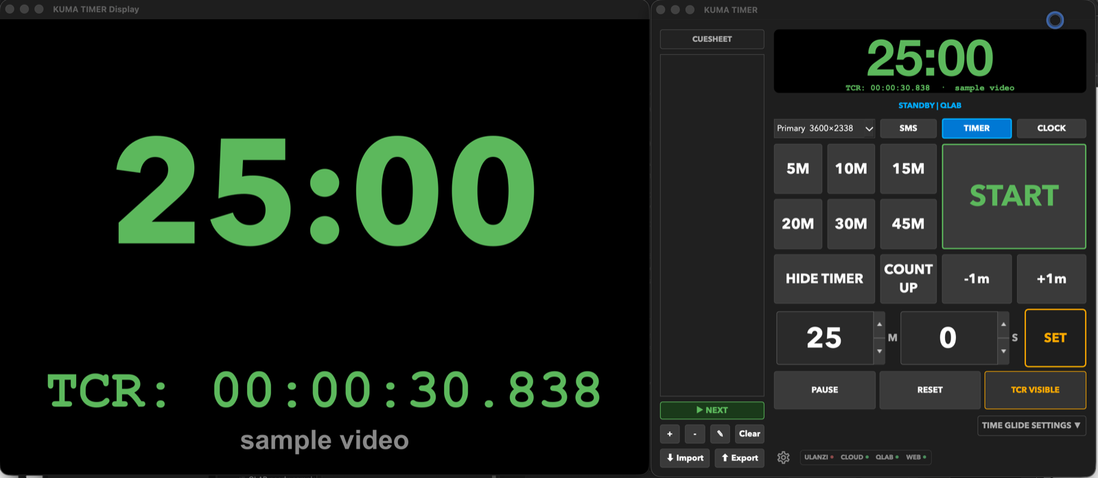 KUMA Timer showing a QLab TCR line under the countdown